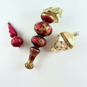 Elegant Blown Glass Burgundy and Gold Christmas Ornaments